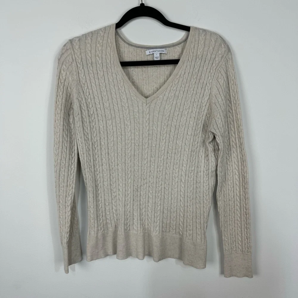 41 Hawthorn Cream Ivory Cable Knit V neck Long Sleeve Sweater Top Neutral Boho